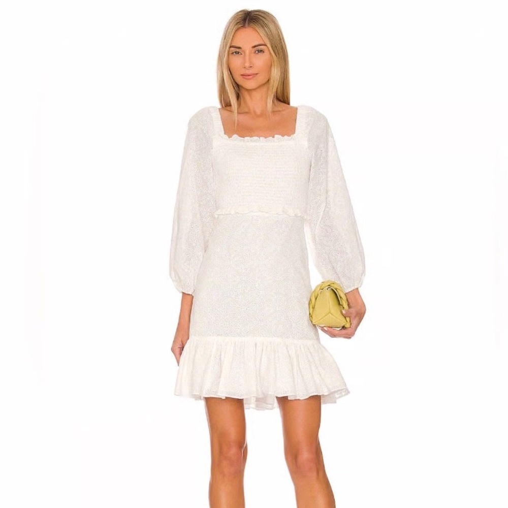 Gently Used Veronica Beard Denise Smocked Dress in White, Size 10.